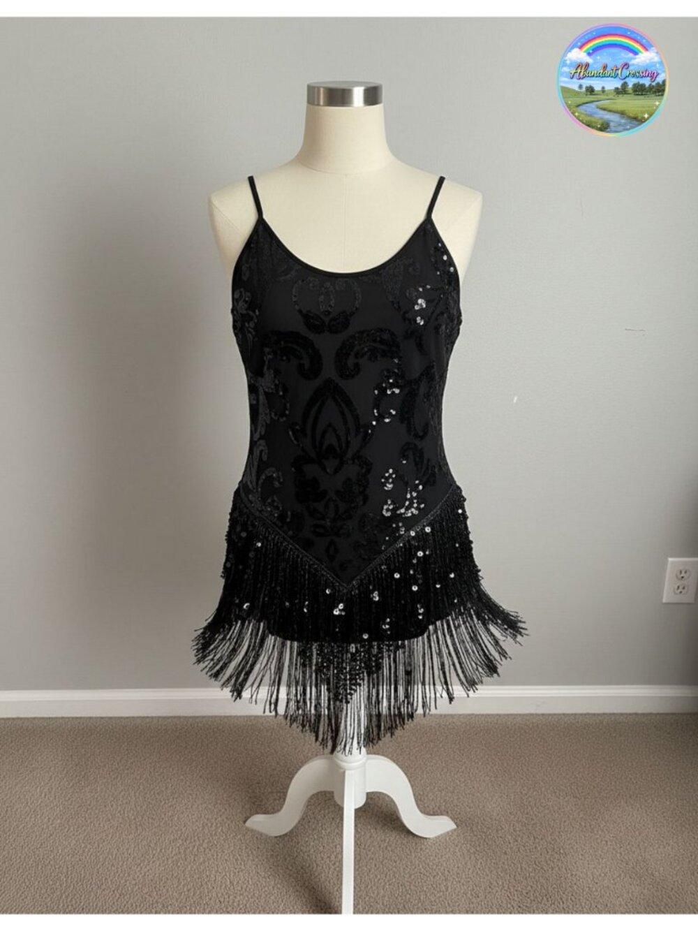 Women Sequin Fringe Bodysuit V Neck Sleeveless Latin Dance Costume